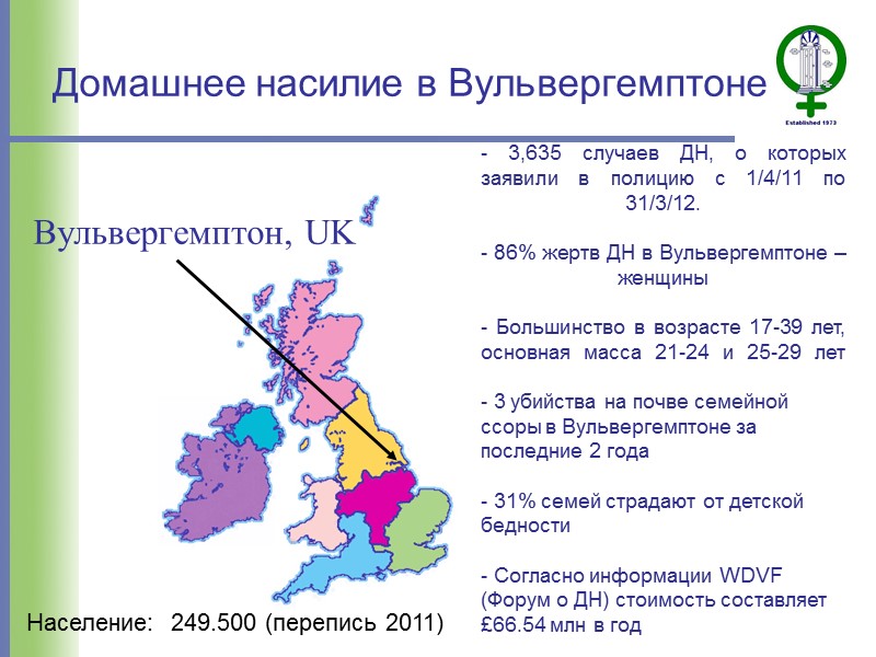 Домашнее насилие в Вульвергемптоне Вульвергемптон, UK Население:  249.500 (перепись 2011) - 3,635 случаев